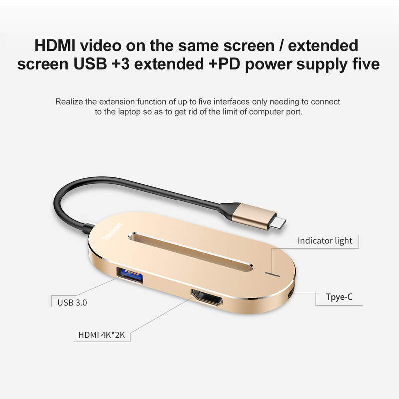 HUB O-Shape Typ-C Multi Konverter 3xUSB3.0 + HDMI 4K + TYP C PD Gold