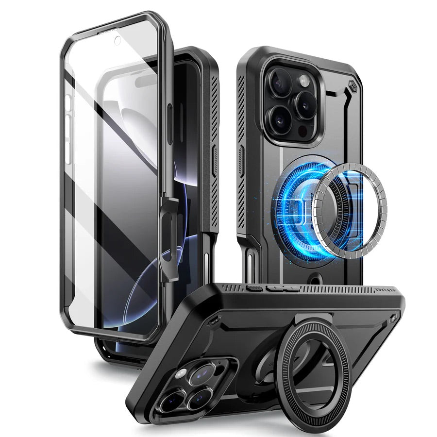 Heavy duty black phone case with built in ring holder, magnetic mount support, and camera lens protection for iPhone