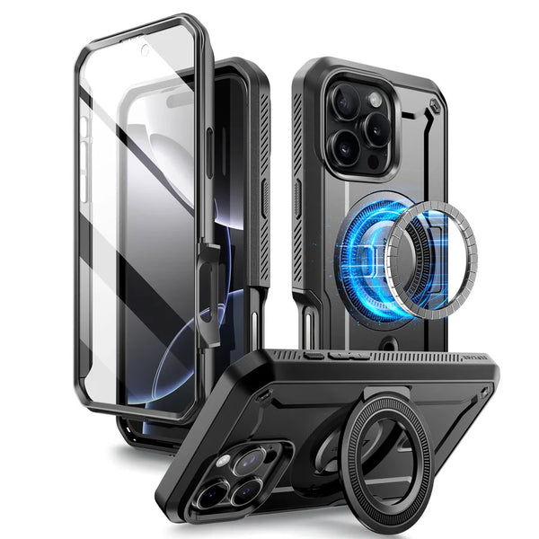 Heavy duty black phone case with built in ring holder, magnetic mount support, and camera lens protection for iPhone