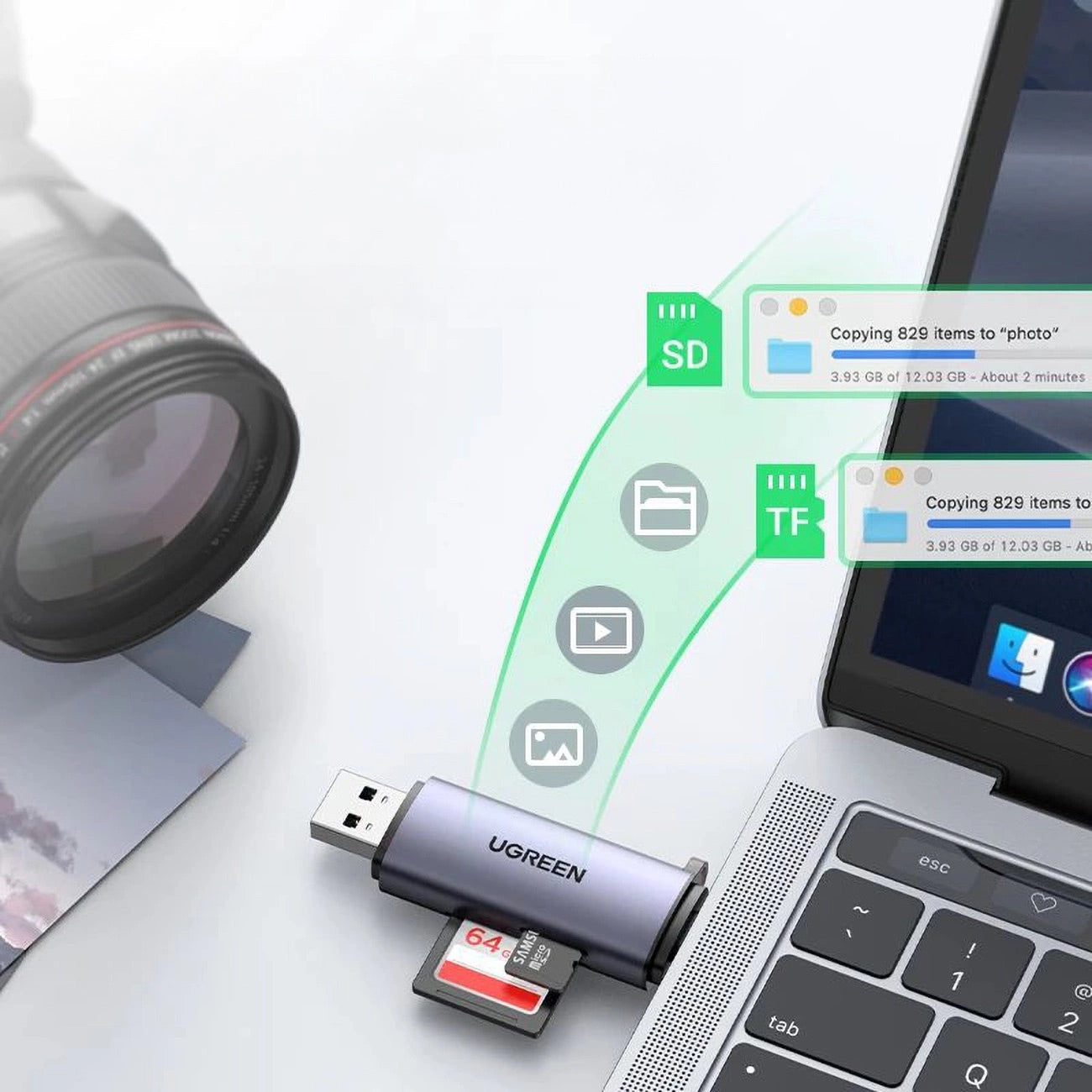 Ugreen OTG 2in1 Lesegerät SD-/Micro-SD-Karten auf USB-A 3.0 USB-C 3.0 (50706)
