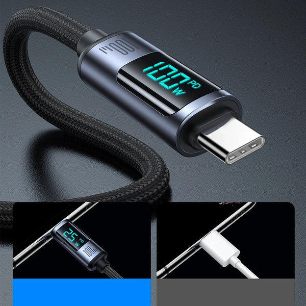 Smart USB charging cable with LED display showing real time battery percentage during charging