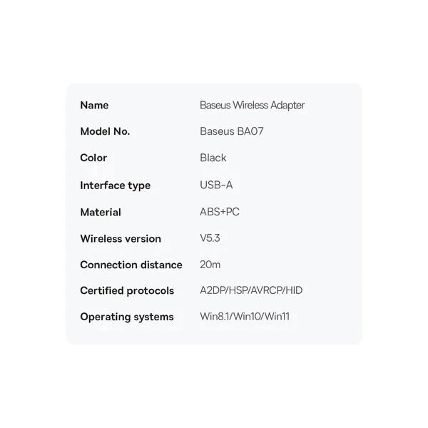 Baseus BA07 Mini Bluetooth 5.3 USB Adapter Empfänger Sender Computer OTG schwarz